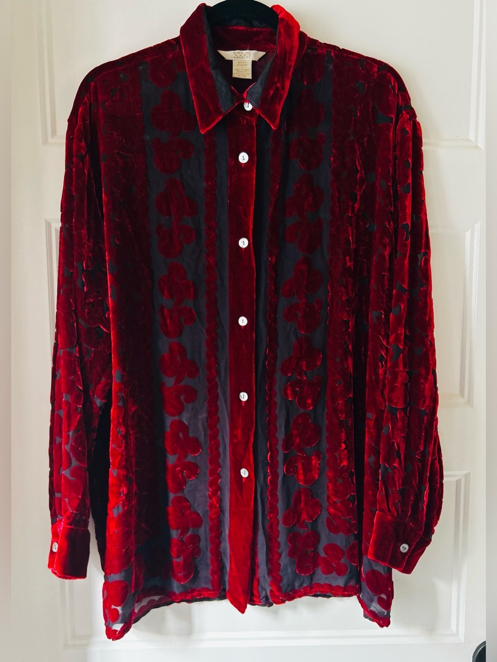 Vintage XXist Red Silk Velvet Burnout Blouse L Sheer Floral Button Up Whimsigoth